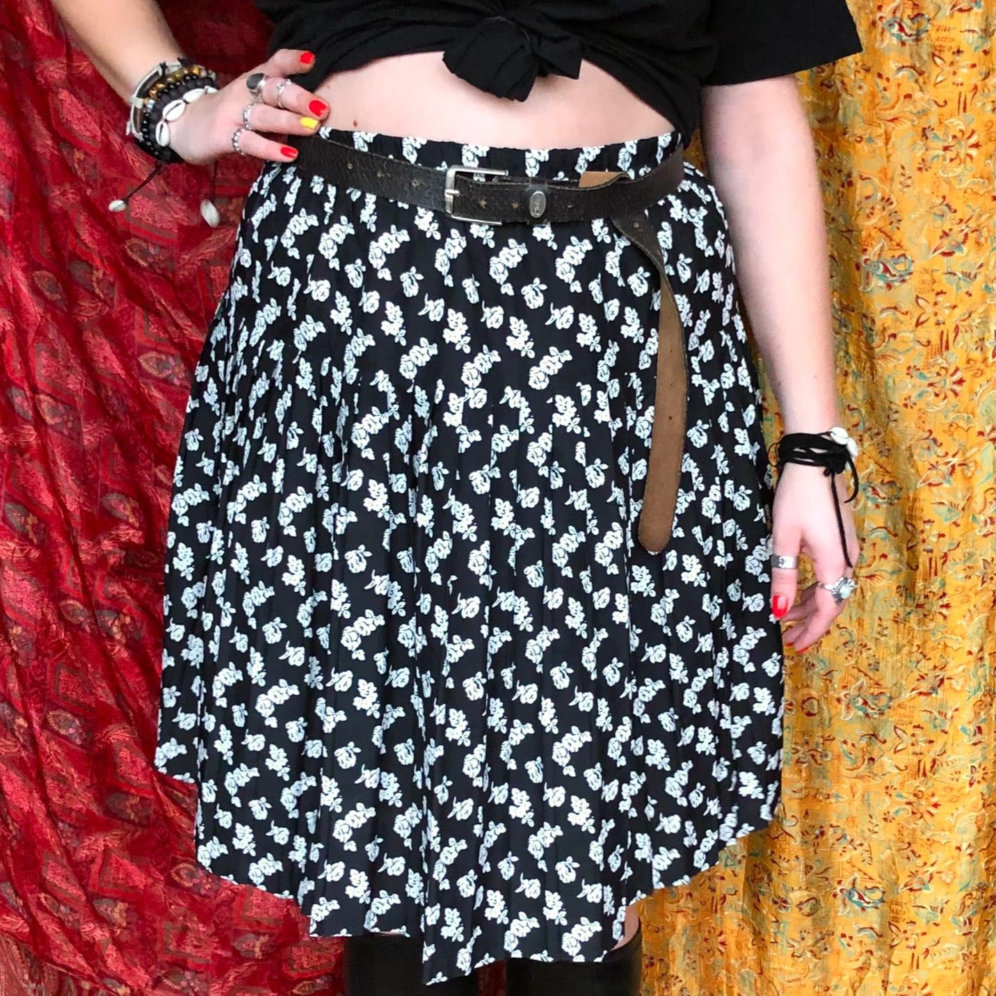 Black Flower Knee Length Skirt