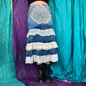 Unique Denim and Ruffled Midi Skirt