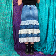Load image into Gallery viewer, Unique Denim and Ruffled Midi Skirt

