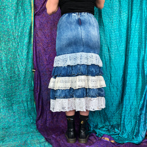 Unique Denim and Ruffled Midi Skirt