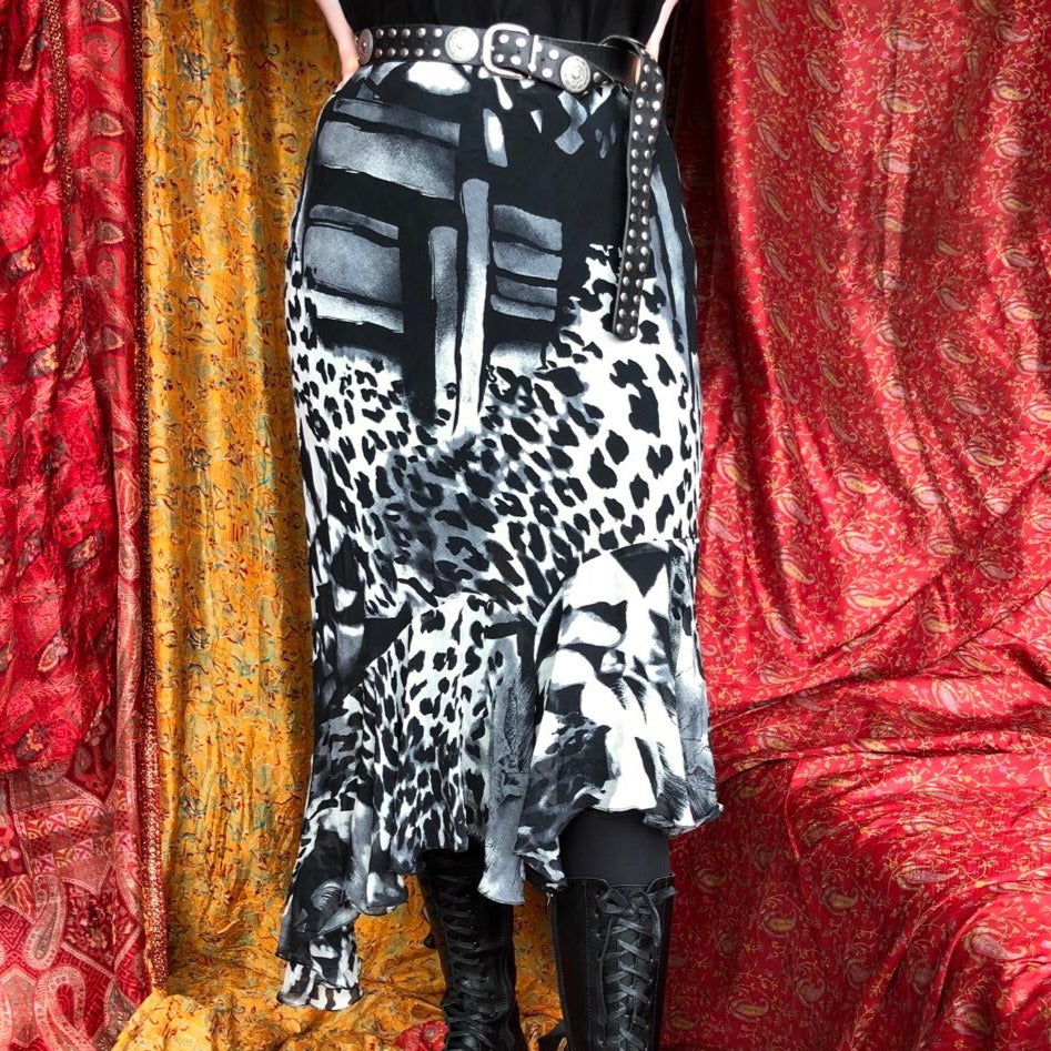 Monochrome Leopard Print Midi Skirt