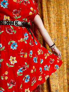 Bright Red Floral Button Up Dress