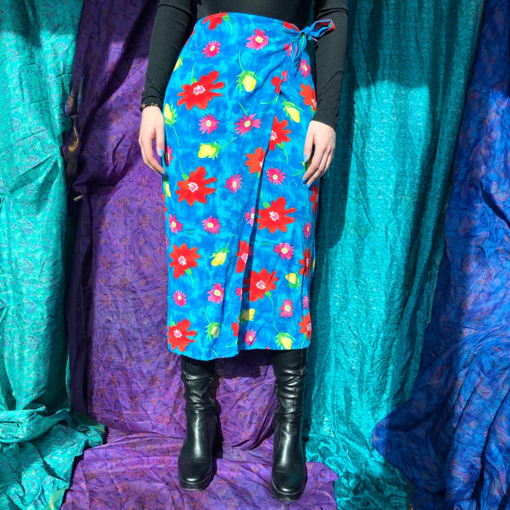 Bright Floral Print Wrap Skirt